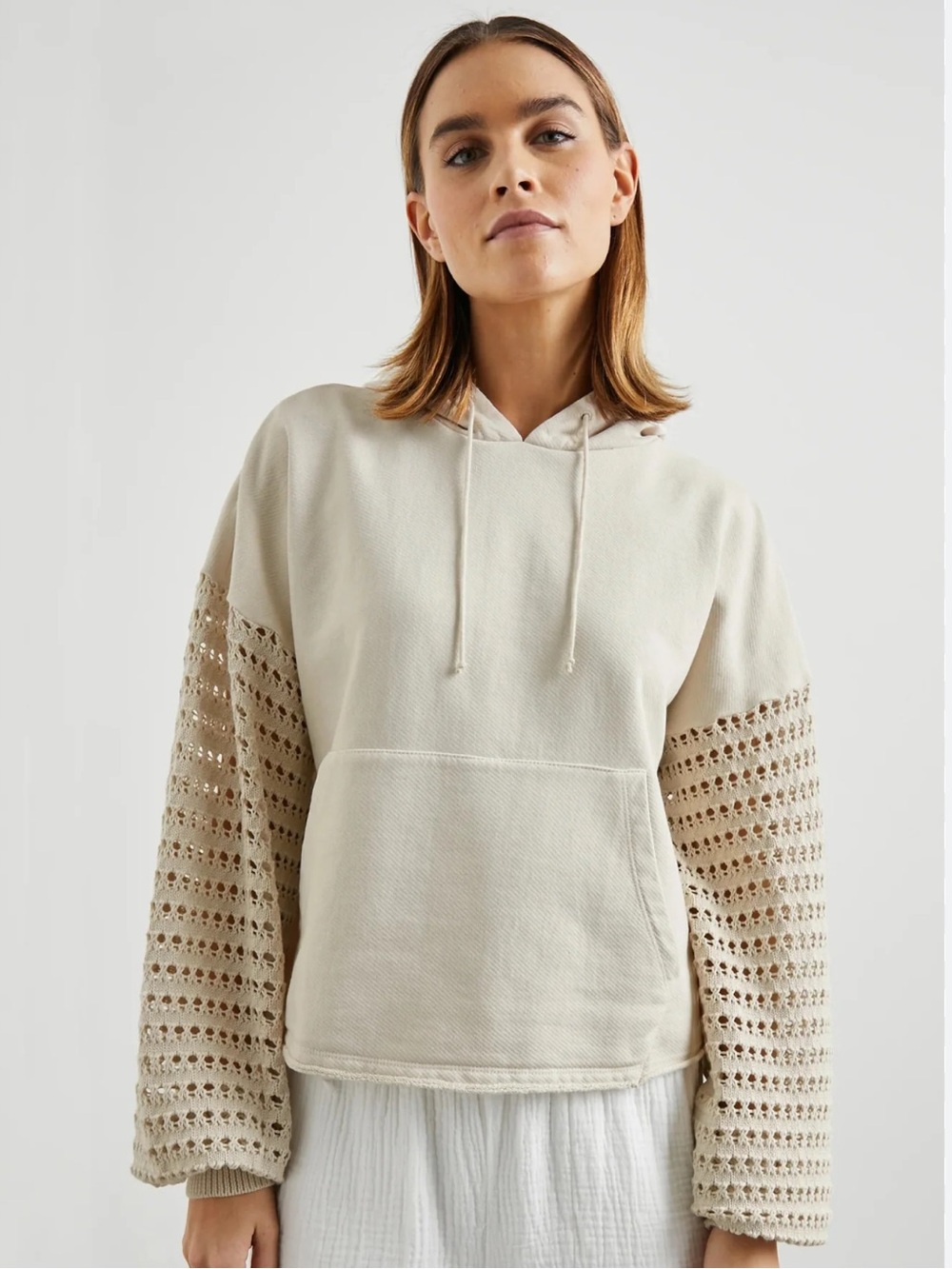 Rails Joyce Crochet-Sleeve 100% Cotton Hoodie in Neutral Flax
